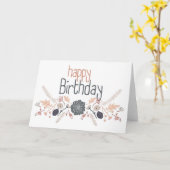 Carte Joyeux Anniversaire Motif Floral Bleu Gris Pêche (Fleur jaune)
