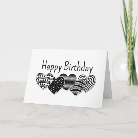 Carte Joyeux Anniversaire Noir et Blanc Coeurs décoratif (Devant)