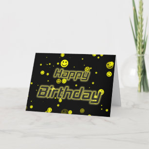 Carte Joyeux anniversaire noir jaune sourires d'annivers