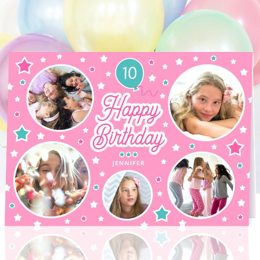 Carte Joyeux Anniversaire Nom Age Photo Collage rose vif