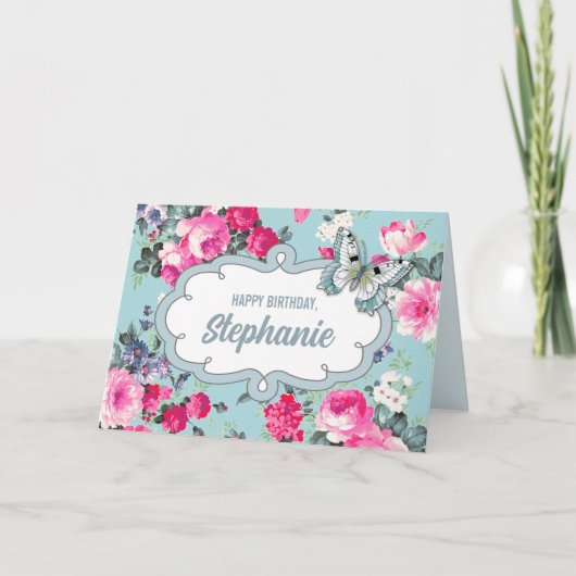 Carte Joyeux anniversaire. Nom personnalisé | Fleurs et (Devant)