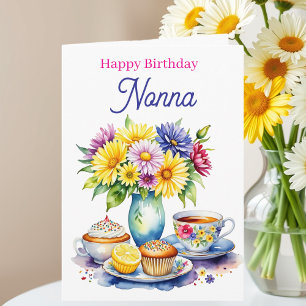 Carte Joyeux Anniversaire Nonna Fleurs et Cupcakes