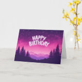 Carte Joyeux Anniversaire Nuit étoilée, Montagnes, Forêt (Fleur jaune)
