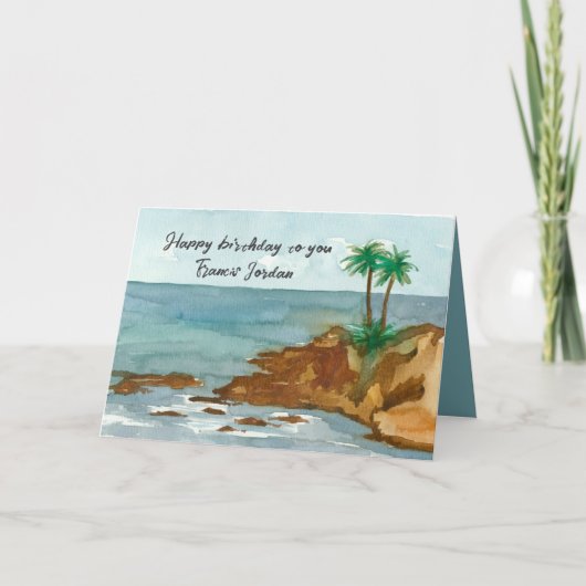 Carte Joyeux anniversaire Ocean Palm Trees Nom personnal (Devant)
