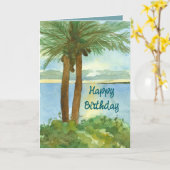 Carte Joyeux anniversaire Ocean Sunrise Palm Trees Custo (Fleur jaune)