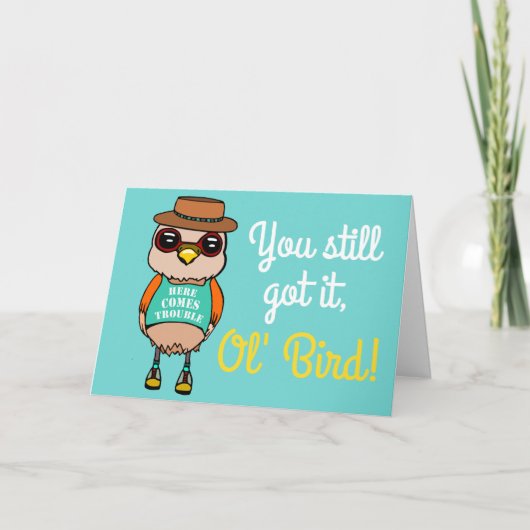 Carte Joyeux anniversaire oiseau illustré mignon et drôl (Devant)