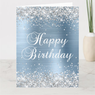 Carte Joyeux Anniversaire Paillettes Argentées Bleu Clai