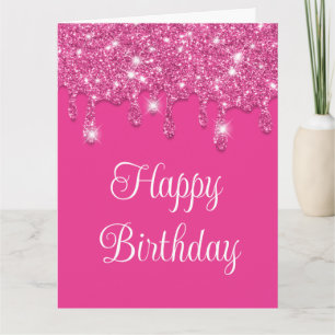 Carte Joyeux Anniversaire Paillettes Gouttes Rose Fushia