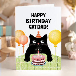 Carte Joyeux anniversaire papa chat avec chaton et gâtea