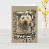 Carte Joyeux anniversaire - pattes en pierre - (Fleur jaune)