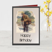 Carte Joyeux anniversaire - Pêche à la mouche dans la ri (Fleur jaune)