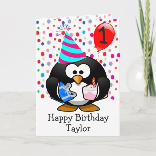 Carte Joyeux Anniversaire Penguin Enfants de 1 an (Devant)