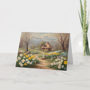 Carte Joyeux anniversaire petit Cabine et jardin de prin