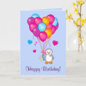 Carte Joyeux anniversaire : Pingouin aux ballons en form (Fleur jaune)
