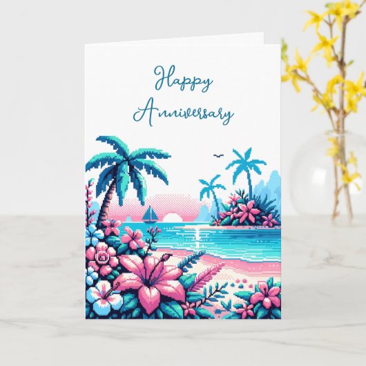 Carte Joyeux anniversaire | Pixel Art Ocean (Fleur jaune)