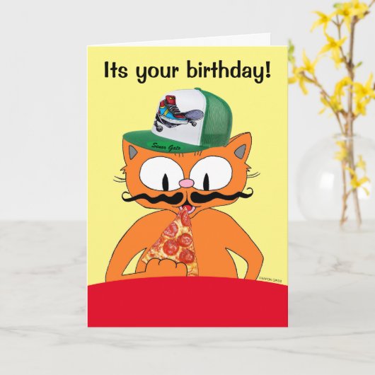 Carte Joyeux Anniversaire Pizza Party Cartoon Chat amusa (Fleur jaune)