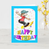 Carte Joyeux anniversaire, planchiste extrême (Fleur jaune)