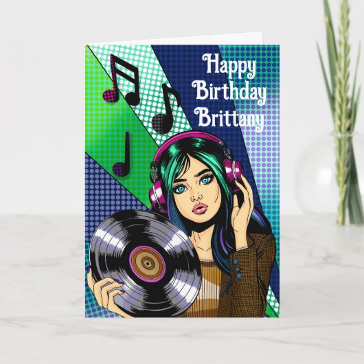 Carte Joyeux anniversaire | Pop Art Girl with Record (Devant)