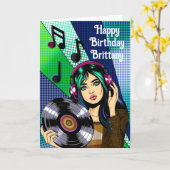 Carte Joyeux anniversaire | Pop Art Girl with Record (Fleur jaune)