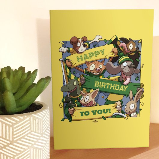 Carte Joyeux Anniversaire Pour Vous Fête Animaux Jaune &