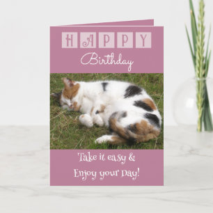 Carte Joyeux Anniversaire prenez facile chat photo rose