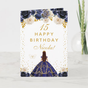 Carte Joyeux Anniversaire Princesse Fleurie Bleu Marine