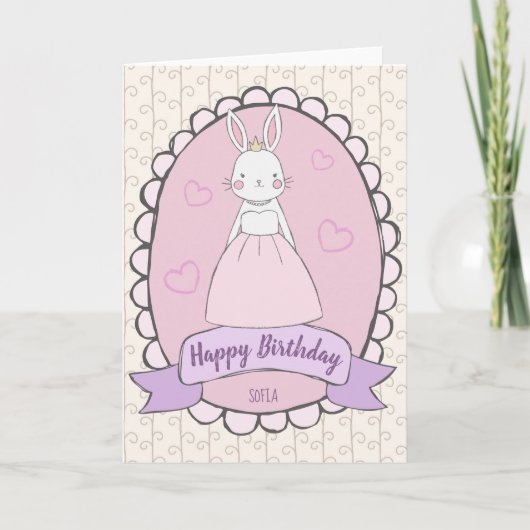 Carte Joyeux Anniversaire princesse lapin rose blanc gir (Devant)