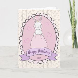 Carte Joyeux Anniversaire princesse lapin rose blanche f