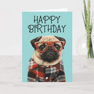 Carte Joyeux Anniversaire   Pug Chemise à Carreaux