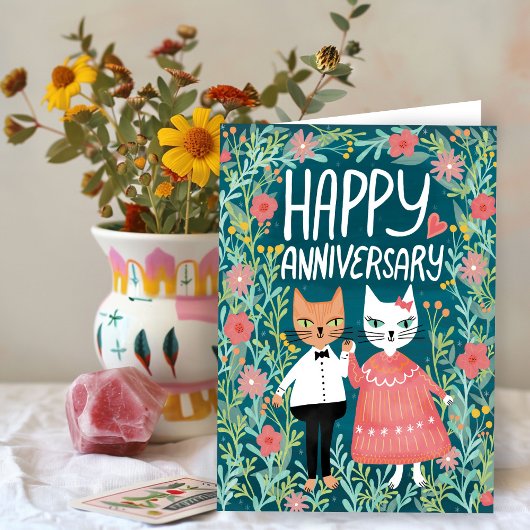 Carte Joyeux Anniversaire Purr-fect Pair Cats Floral