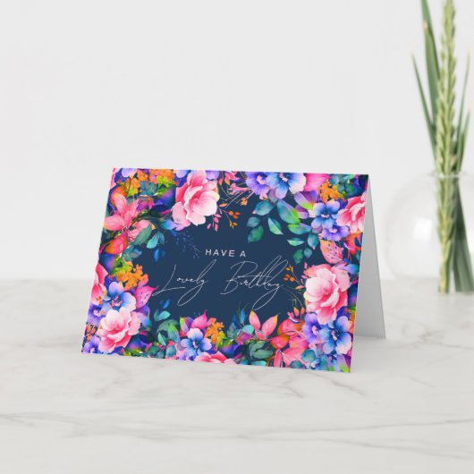 Carte Joyeux anniversaire Rainbow Garden Floral Navy (Devant)