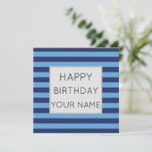 Carte Joyeux Anniversaire rayé bleu et bleu clair (Debout devant)