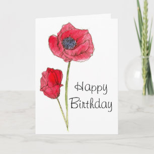 Carte Joyeux anniversaire Red Poppy Flower Botanical Art