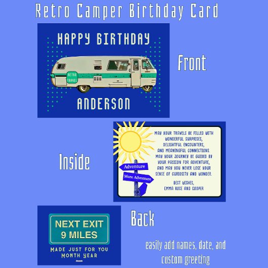 Carte Joyeux anniversaire Retro Camper RV Voyage