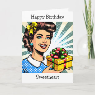 Carte Joyeux anniversaire   Retro Femme tenant un cadeau
