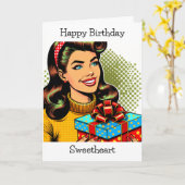 Carte Joyeux anniversaire | Retro Pop Art Femme tenant u (Fleur jaune)
