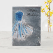 Carte Joyeux anniversaire (robe bleue) (Fleur jaune)