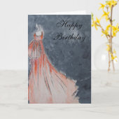 Carte Joyeux anniversaire (robe orange) (Fleur jaune)