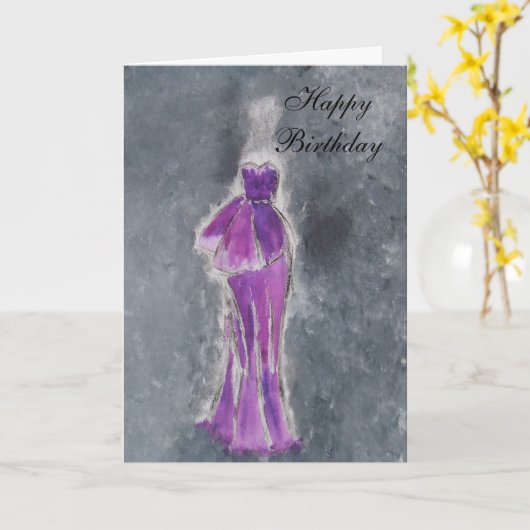Carte Joyeux anniversaire (robe pourpre) (Fleur jaune)