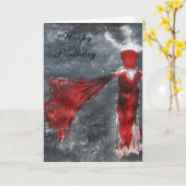 Carte Joyeux anniversaire (robe rouge) (Fleur jaune)