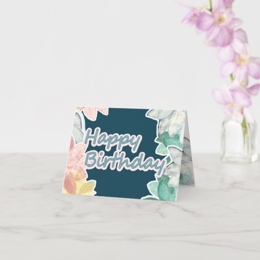 Carte Joyeux Anniversaire rose Bleu Texte Feuilles tropi (Orchidée)