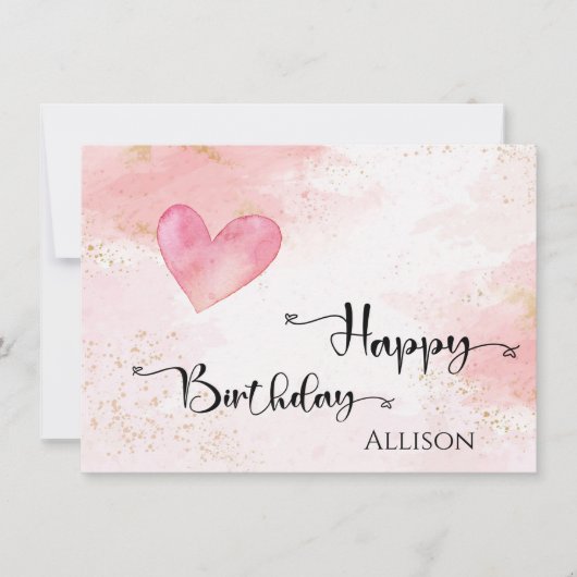 Carte Joyeux Anniversaire rose Coeur Aquarelle (Devant)