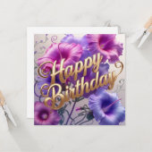 Carte Joyeux Anniversaire rose, mauve Matin Fleurs de gl (Devant/Arrière en situation)