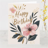 Carte Joyeux anniversaire rose or floral (Fleur jaune)