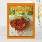 Carte Joyeux anniversaire ! Roses Abstraites orange et j (Fleur jaune)