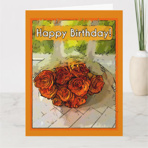 Carte Joyeux anniversaire ! Roses Abstraites orange et j