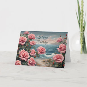 Carte Joyeux anniversaire Roses roses roses par l'océan