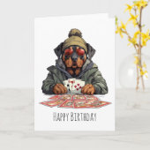 Carte Joyeux Anniversaire Rottweiler Chien Jouant aux ca (Fleur jaune)