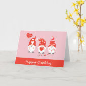 Carte Joyeux anniversaire Saint Valentin Gnomes Rose rou (Fleur jaune)