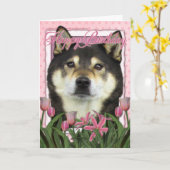 Carte Joyeux anniversaire - Shiba Inus - Yasha (Fleur jaune)